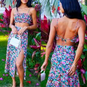Resa Floral Lucy Set Tube Crop Top & Slit Midi Skirt Set Casablanca Size XS